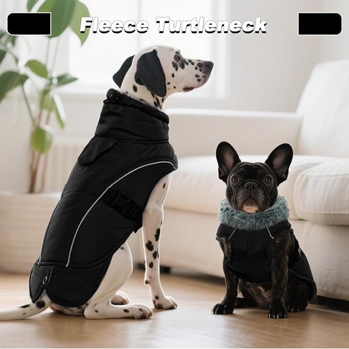 DENTRUN Dog Winter Coat - Windproof Reflective Jacket, Plush Turtleneck & Adjustable Belt, Water Repellent Fleece Lined Cold Weather Vest for Corgi Bulldog, Black, L