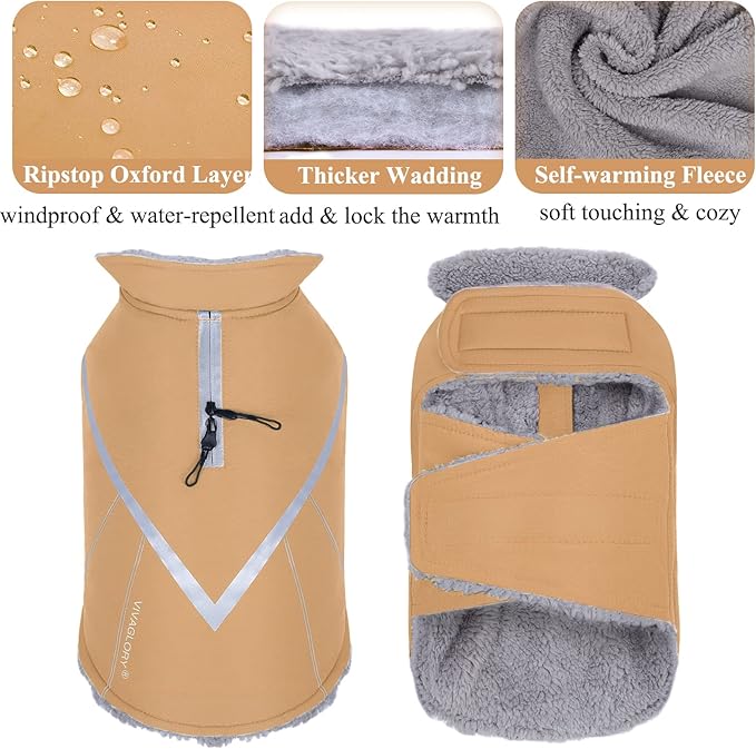 VIVAGLORY Snowrap Dog Coat, Jacket with Harness Hole & Velcro Closure, Dog Coat for Winter & Cold Weather, Fluffy Warm Fleece Lined Reflective Water Resistant for Puppy, XXS, Khaki