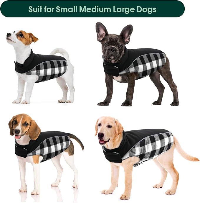 Kuoser Dog Winter Coat, Reversible Waterproof Dog Jacket with Reflective Strip, Warm Dogs Fleece Vest Adjustable Doggy Cold Weather Clothes Plaid Christmas Outfit Pet Apparel for Large Dogs, Black L