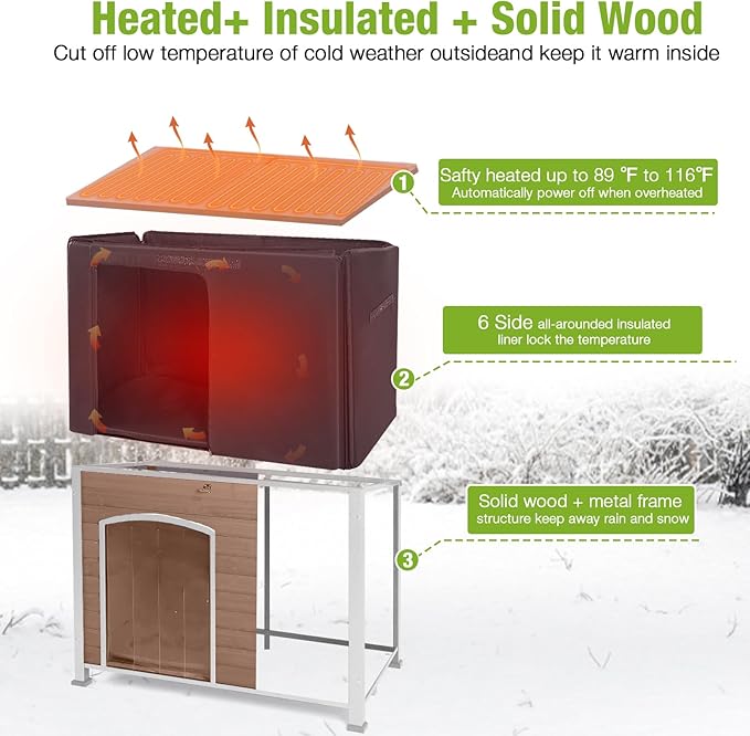 GUTINNEEN Heated Dog House Outdoor 43.3" Large Dog Kennel with Metal Frame Insulated Dog Crate Cage for Large Dogs Outside with Heater and Insulated Liner, Light Brown