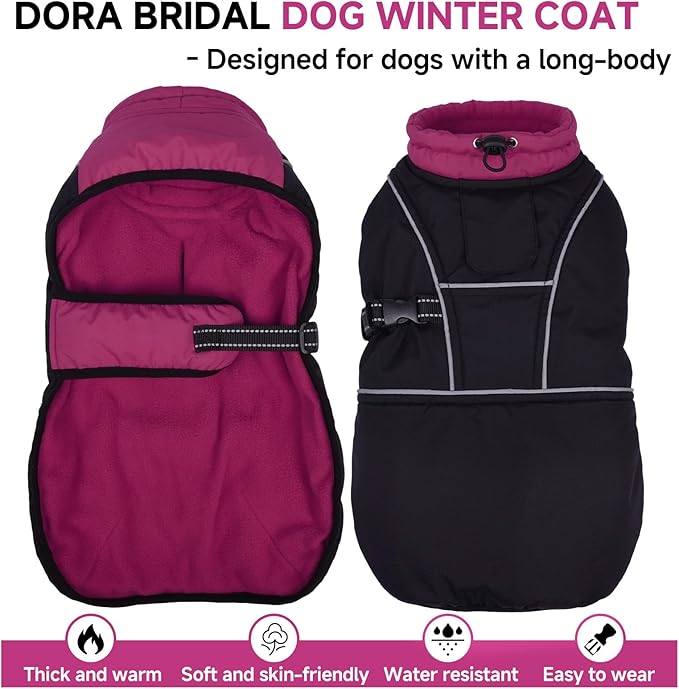 DORA BRIDAL Dachshund Coat, Fleece Lined Dog Winter Coat, Warm Dog Coats with Reflective Strips, Adjustable Waterproof Pet Jacket Clothes, XS