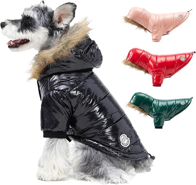 PINA Dog Winter Coat with Faux Fur Hood, Windproof and Warm, Suitable for Small to Large Dogs, Black, L