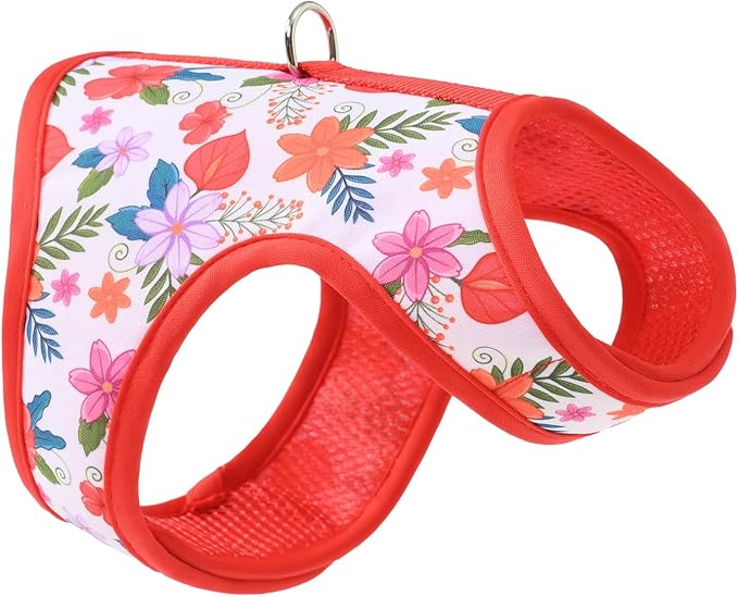 Mile High Life Dog Harness, Air Mesh Floral Vest Harness for 20 lbs Small Dogs & Cats, Easy Get on Adjustable Easy Closures Both Neck and Chest(Red Flower, XS Chest 14"-16")