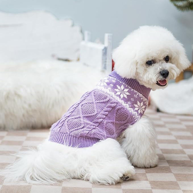 Warm Winter Dog Sweater - Cold Weather Pet Clothes for Small Medium Large Dogs Indoor Outdoor, Soft Classic Knit Puppy Apparel, Purple, SM