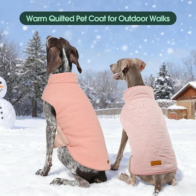 Kuoser Reversible Dog Coat – Warm Fleece & Quilted Waterproof Dog Jacket, Double-Sided Cold Weather Dogs Winter Coat with Harness Hole, Windproof Pet Snow Vest for Small Medium Large Dogs, Pink 2XL