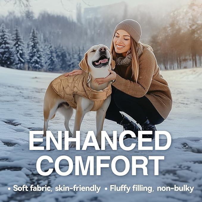 VIVAGLORY Softjoy Dog Coat, Dog Jacket for Winter & Christmas, Coat with Harness Hole & Velcro Closure, Reversible Plaid Checkered Warm Fluffy Heavy Duty for Puppy, L, Khaki