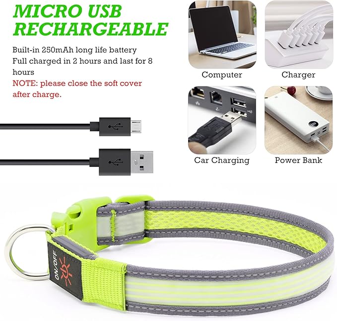YFbrite Full Adjustbale LED Dog Collar, Full Illuminated Light up Dog Collars, Reflective Dog Collar Light Glowing in The Dark for All Dogs Safety (Small, Green-2)