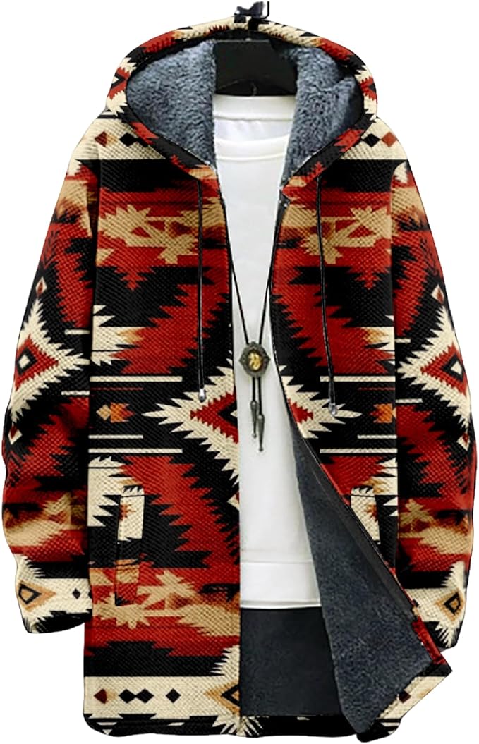 Mens Aztec Print Hoodie Heavyweight Cotton Fleece Jacket Zip Up Warm Long Sleeve Hooded Winter Midi Coat