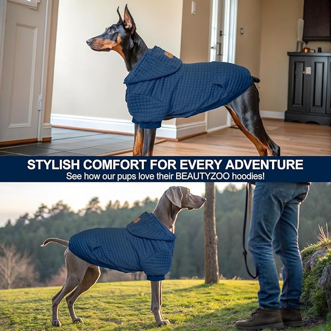 BEAUTYZOO Small Dog Hoodie Sweater with Pockets, Dog Clothes for Small Medium Dogs Boy Girl, Waffle-Like Laminated Cotton Pet Coats with Hat and Leash Hole, Navy Blue XS