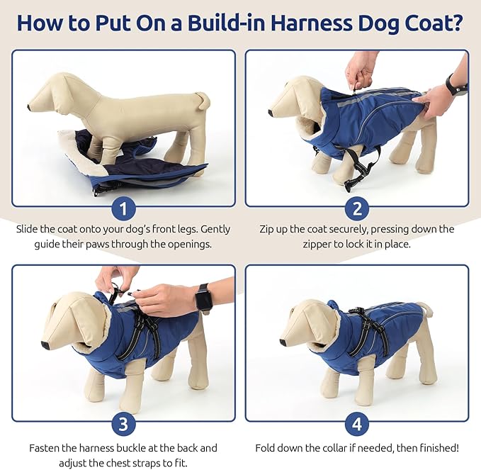 Dog Winter Coat with Harness Built in Warm Puffer Dog Jackets for Small Medium Large Dogs Windproof Waterproof Outfit with Plush Lining and Reflective Stripes (Blue, S)