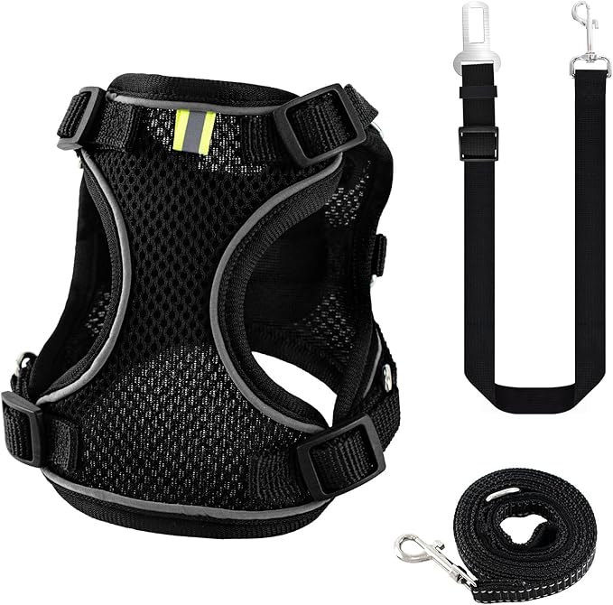 Kitten Cat Harness and Leash Set, Escape Proof Soft 4-Adjustable Cat Walking Vest Harness, Reflective Strips in Harness for Kitty Puppy Bunny Car Travel, with Car Seatbelt Leash (Black, M)