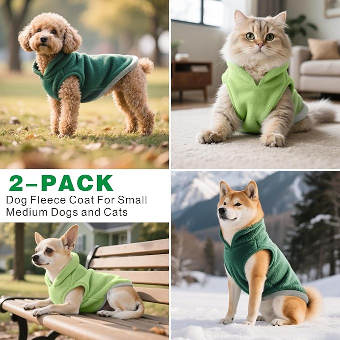 Idepet 2 Pack Dog Fleece Vest Sweater Warm Pullover Jacket with D-Ring Leash Reflective Winter Coat Hoodie for French Bulldog Pug Chihuahuas Yorkies Dachshunds(Dark Green&Grass Green, XX-Large)