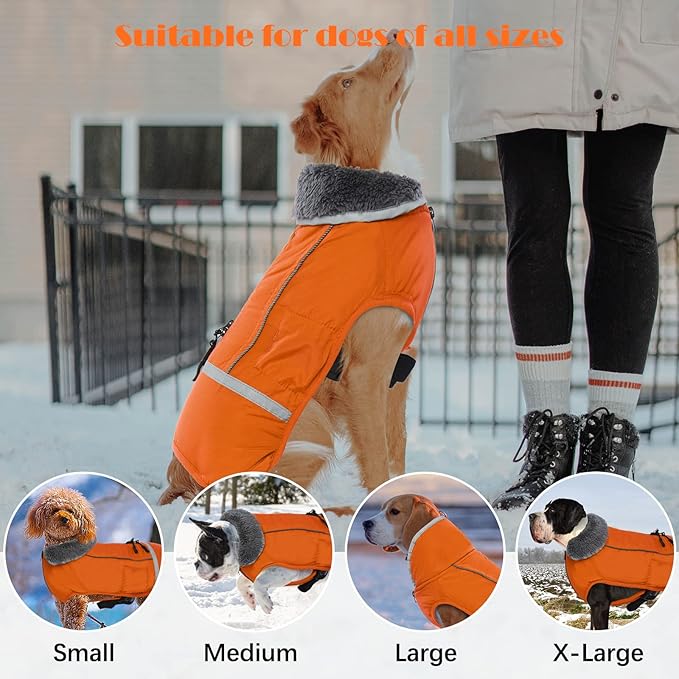 QBLEEV Warm Dog Coat Reflective Dog Jacket, Waterproof Dog Winter Coat Turtleneck Dog Clothes for Cold Weather, Thick Fleece Dog Snowsuit Christmas Dog Vest Pet Apparel for Small Medium Large Dogs L