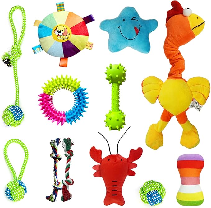 12 Piece Dog Toy Set, Rope Toys, Ball, Plush Toys, Bones and More Squeaky Dog Toys, Indoor/Outdoor Puppy Toys, Training