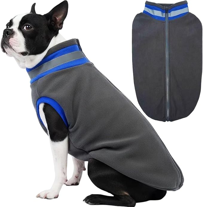 Winter Warm Turtleneck Fleece Vest Dog Clothes, Ultra-Soft & Snug-Fit Puppy Coat for Large Dogs with Back-Zipper, Thermal Doggie Vests Sweatshirt with Reflective Strip, Pet Sweater Male Girl(Grey, L)