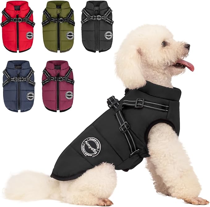 Warm Winter Coat, Waterproof Windproof Jacket, Reflective Adjustable Black Pet Vest with Harness, Thick Polar Fleece Lining Cozy Apparel for Small Medium Dogs & Cats