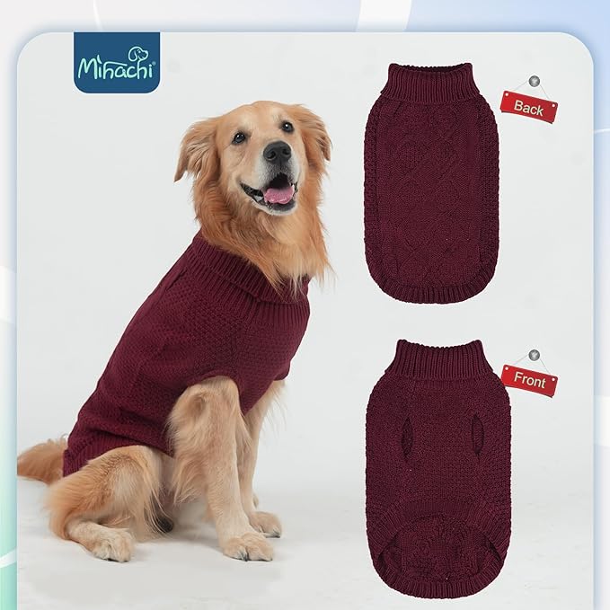 Mihachi Turtleneck Dog Sweater - Winter Coat Apparel Classic Cable Knit Clothes with Leash Hole for Cold Weather, Ideal Gift for Pet in New Year Wine Red Small
