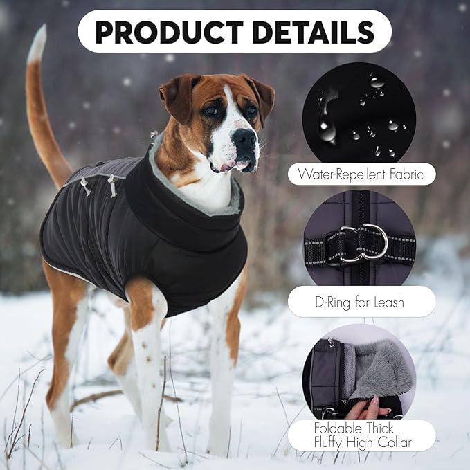 IDOMIK Warm Dog Coat with Harness, Waterproof Reflective Dog Jackets for Small Medium Large Dogs, Fleece High Collar Winter Jacket with Zipper, Pet Winter Snowsuit Clothes for Cold Weather,Black XL