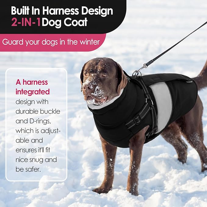 AOFITEE Dog Coat, Large Dog Jacket, Dogs Coat with Harness Built in, Reflective Waterproof Dogs Jackets Winter with Furry Collar, Warm Polar Fleece Pet Sweater Snowsuit for Doberman, Great Dane, XXL