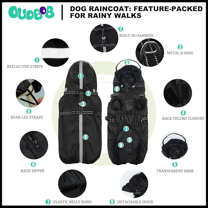 Dog Raincoats for Large Dogs, Waterproof Dog Rain Coat with Adjustable Built-in Harness & Back Zipper, Reflective Strip, Removable Hood, for Rainy Walks, Muddy Roads - Black L