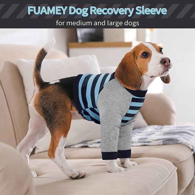 FUAMEY Dog Recovery Sleeve with Elbow Protector,Dogs Shirt Stop Licking Joints,Pet Long Sleeve Suit Protecting Dog's Front Leg Arm Wounds Cover Skin Conditions Blue Stripes 3XL