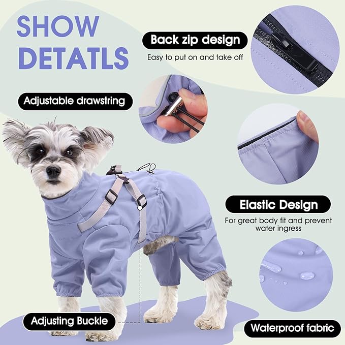BRKURLEG Dog Raincoat for Small Dogs, Small Dog Rain Jacket with Harness Built in, Waterproof 4 Legs Puppy Raincoats, Puppy Outdoor Jacket with Reflective Strip, Purple, XXXL