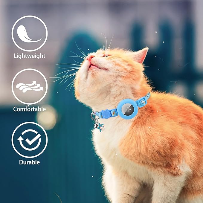 PUPTECK Airtag Cat Collar Breakaway 2 Pack with Bells, Reflective Kitten Collar with Air Tag Holder for Boy Girl Kitty and Puppies, Soft, Blue