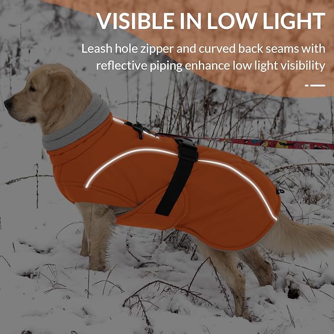 Queenmore Winter Dog Coat Warm Dog Jacket Vest Waterproof Puffer Fleece Snowsuit Adjustable Buckle Leash Hole Reflective Cold Weather Parka for Small Medium Large Dogs Girl Boy Orange S