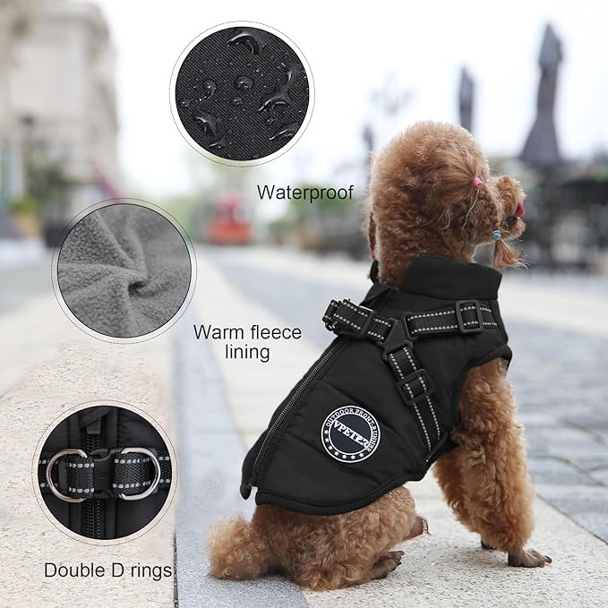 Dog Winter Coat, Warm Jacket Paded Fleece Vest with Built in Harness, Waterproof Windproof Reflective Cozy Adjustable Snow Pet Coat Clothes with Zipper for Dogs