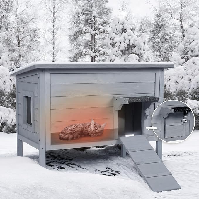 BRIOPAWS Outdoor-Cat-House-Insulated | Feral-Cat-Shelter for Winter | Weatherproof | Large Wooden Pet House for Multiple Cats | Foldable Ladder | Acrylic Side Window | Grey