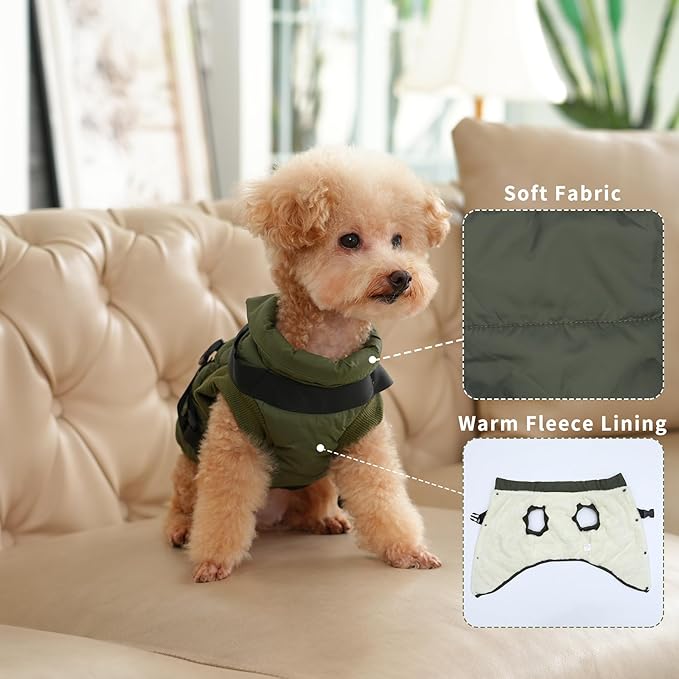 Dog Jacket with Harness,Fleece Lined Warm Puppy Coat for Winter,Soft Windproof Medium Dog Vest,Green XL