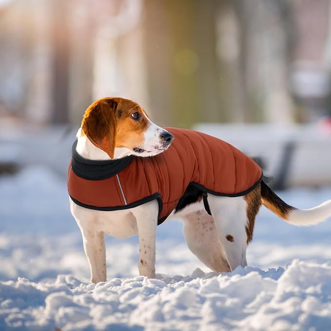 IDOMIK Dog Winter Coat, Warm Waterproof Dog Puffer Jacket with Harness Hole, Adjustable Reflective Snow Jacket Vest with Turtleneck, Pet Cold Weather Coats for Large Dogs,Caramel,XL