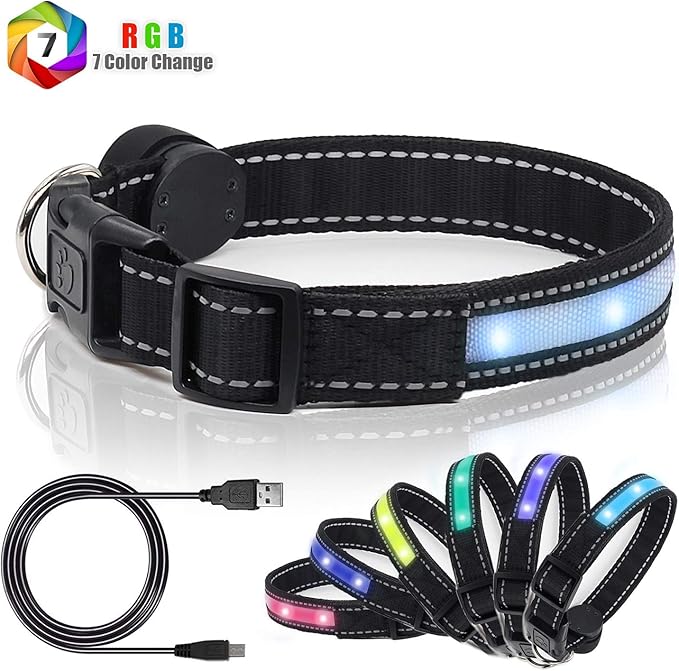Light Up Dog Collar, Safety LED Dog Collars Rechargeable 7 Colors in One Lighted Dog Collar Glow in The Dark Dog Walking Light, Neon Durable Nylon Adjustable Buckle for Small/Medium/Large Dogs,XS Size