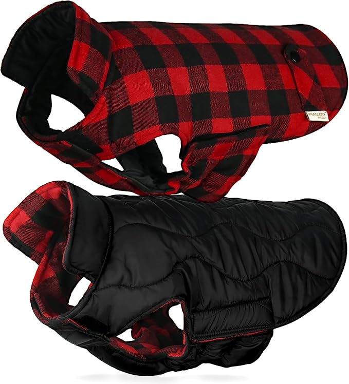 VIVAGLORY Softjoy Dog Coat, Dog Jacket for Winter & Christmas, Coat with Harness Hole & Velcro Closure, Reversible Plaid Checkered Warm Fluffy Heavy Duty for Puppy, XXS, Red Black