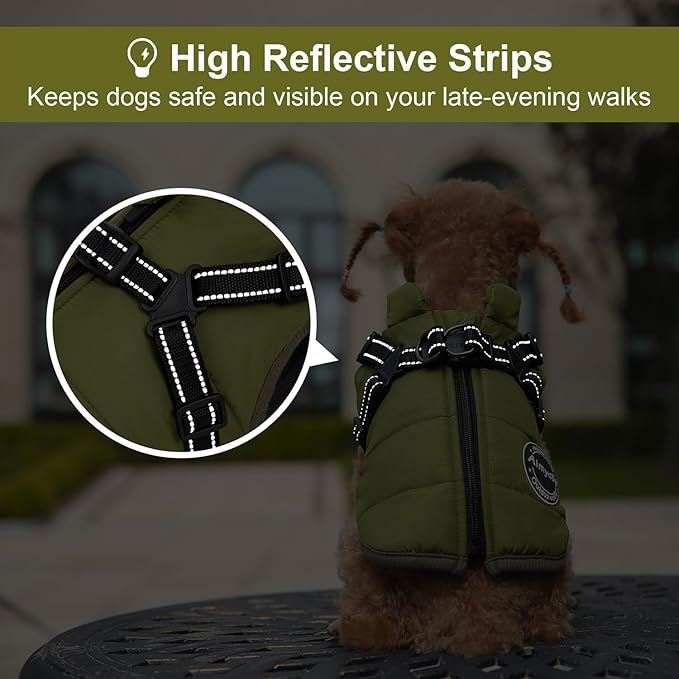 Warm Winter Coat, Fashion Sports Dog Cold Weather Jacket with Built-in Harness, Reflective, Waterproof Windproof Dog Apparel for Small Dogs (Green)