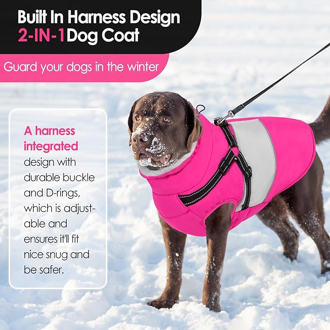 AOFITEE Dog Coat Warm Dog Winter Coat, Waterproof Dogs Jacket with Harness, Dogs Snow Jacket Snowsuit with Zipper & Furry Collar, Reflective Windproof Pet Sweater for Cold Weather, French Bulldog, L