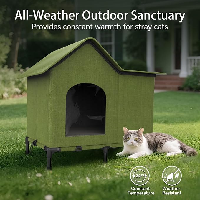 Heated Outdoor Cat House – Weatherproof Winter Shelter for Stray & Outdoor Cats, Insulated & Elevated Design for Porch, Yard, Barn or Garage, Easy Assembly Warm Cat Shelter