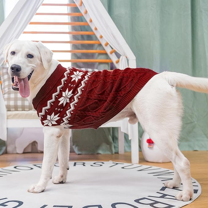 Warm Winter Pink Dog Sweater - Cold Weather Pet Clothes for Small Medium Large Dogs Indoor Outdoor, Soft Classic Knit Puppy Apparel Coat, Dark Red, L