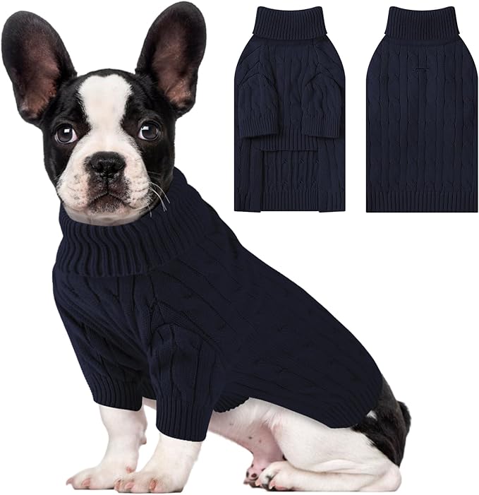 Small Dog Thermal Pullover Sweater, Classic Turtleneck Cable Knitwear Dog Clothes for Cold Weather Warm Pet Clothes for Chihuahua, Bulldog, Dachshund, Pug Navy XX-Large