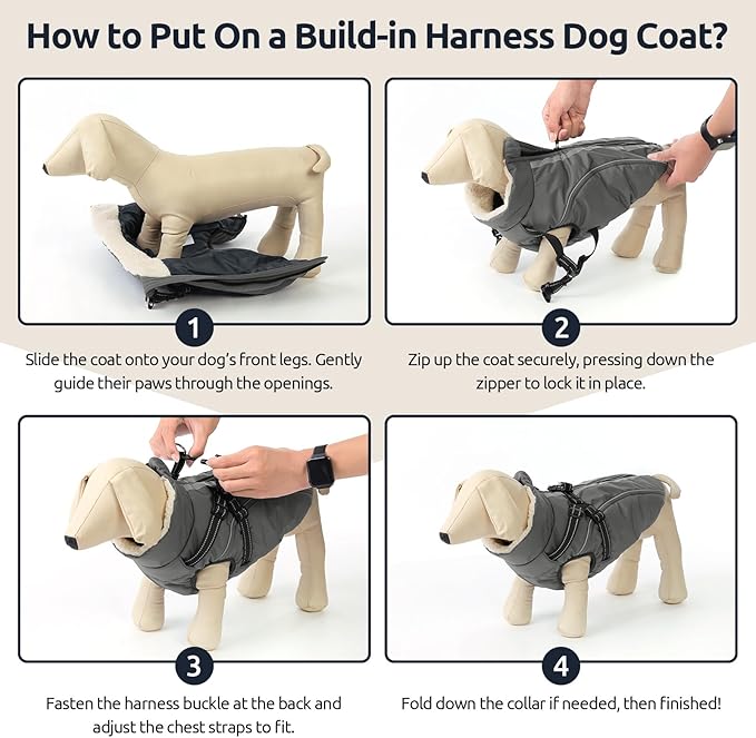 Dog Winter Coat with Harness Built in Warm Puffer Dog Jackets for Small Medium Large Dogs Windproof Waterproof Outfit with Plush Lining and Reflective Stripes (Grey, L)