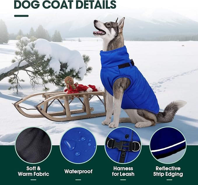 Kuoser Dog Jacket, Coat for Large Dogs with Harness Built-in, Thick Vest with Leash Hole, Cold Weather Snow Jacket for Labrador Beagle, Blue XL
