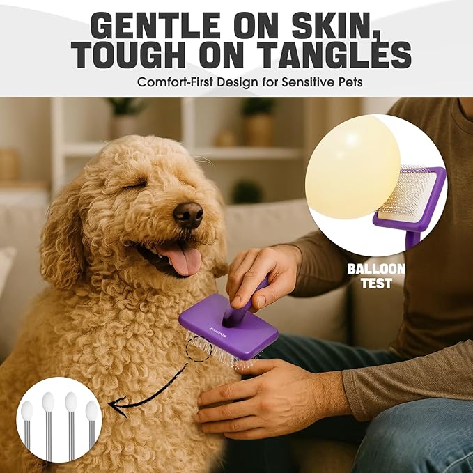 Dog Slicker Brush for Dogs Grooming Kit 4PCS | Large Dog Brush for Goldendoodles Poodles Doodles | Long Pin Haired Brush | Poodle Brushes and Comb (Purple)