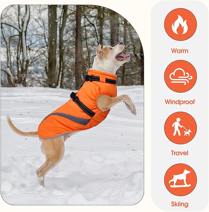 BRKURLEG Dog Winter Jackets for Medium Dogs, Dog Coat with Harness Built in, Dogs Snowsuits with Zipper, Waterproof Windproof Pet Puffer Jacket Fleece Vest for Beagle, Pug, Orange L