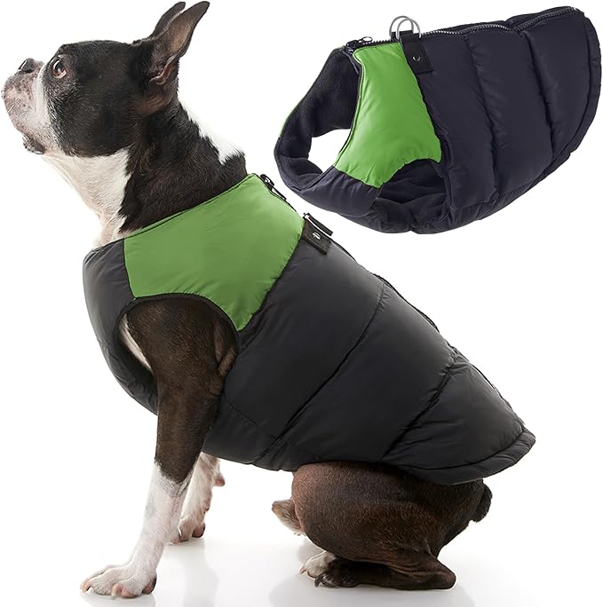 Gooby Green Polyester Dog Jacket - Large, 15.0 pounds +, Water Resistant, Fleece Lined Vest with Leash Ring - Cold Weather Coat for Small Breeds