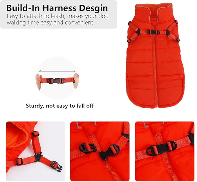 Geyecete Winter Warm Coat Waterproof Dog Winter Jacket with Harness Traction Belt,Windproof Pet Outdoor Jacket Dog Autumn-Orange-M