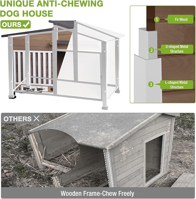Heated Dog House Outdoor, Insulated Dog Kennel with Heating Pad for Winter, Weatherproof Dog Shelter with Anti-Chewing Metal Frame and Bowls for Small Medium Large Dogs (Light Brown