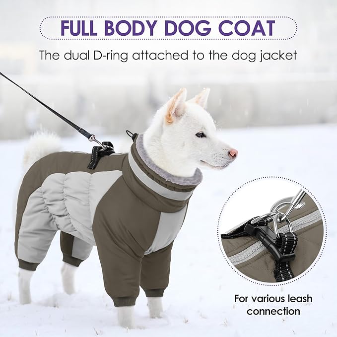 SUNFURA Full Body Dog Coat - Warm Fleece Jacket for Small Dogs, Turtleneck Winter Coats with Harness, Reflective Dog Snowsuit Windproof Puffer Jackets with Legs for Chihuahua, Yorkie, Army Green XS