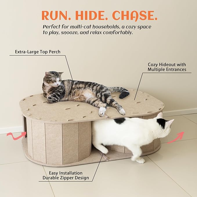 PETKARAY Large Felt Cat Tunnel, Double S-Shaped Hideaway for Indoor Cats, Interactive Cat Bed Cave and Hideout, 34x22.8x10.2 inches Beige