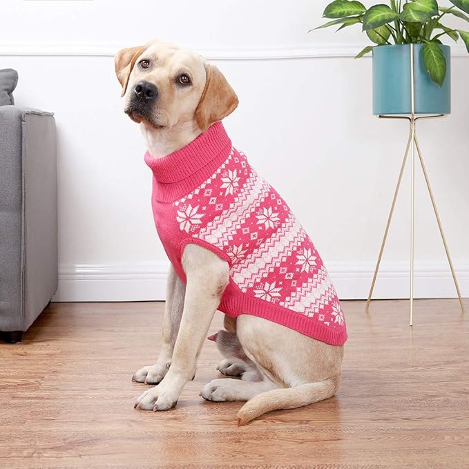 KOOLTAIL Cable Knit Dog Sweater Turtleneck, Cold Weather Pullover Classic Knitwear, Snowflake Pattern Thick Warm Winter Pet Clothes,Dog Christmas Sweater for Small Medium Large Dogs,Pink XL