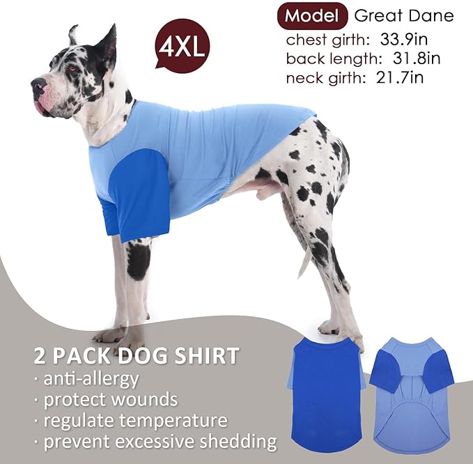 2 Pack Shirts for Large Dogs 4XL - Lightweight Breathable Dog Clothes, Prevent Overheating Summer Cool Tees for Doberman, Alaskan Malamute, Travel, Hiking, Beach, Lounge Wear, Sleeping, Blue